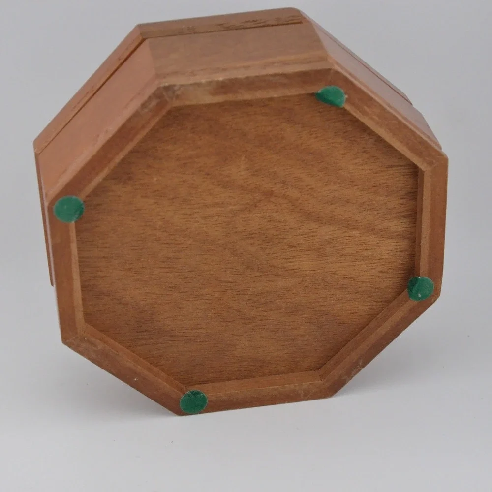 Vintage‎ Jewelry Box Brown Floral Tapestry Octagon Wood Mirror